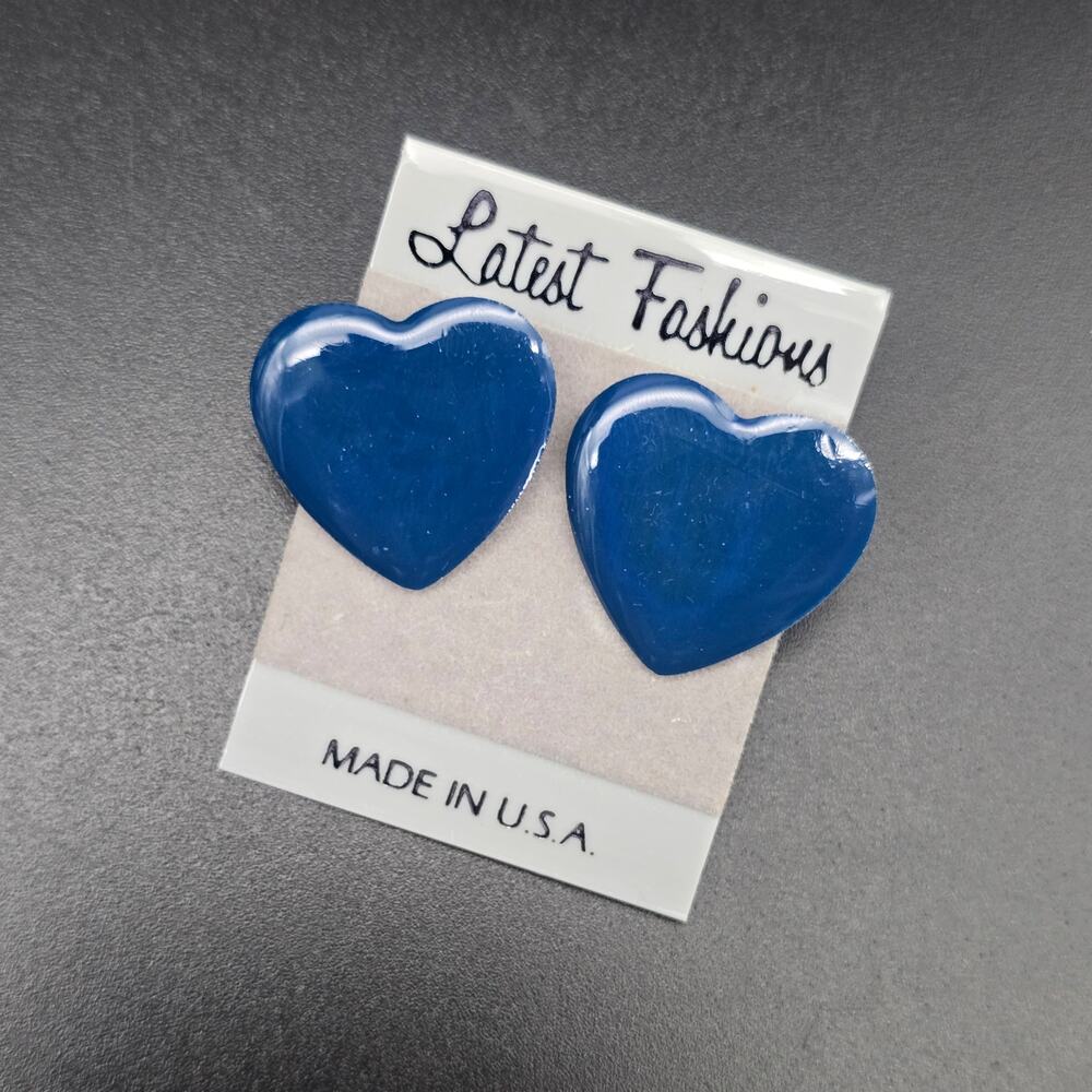 Blue Enamel Heart Stud Earrings Vintage 1980s NOS On Card